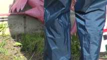 watch Sonja taking care of the garden enjoying her shiny nylon rainpants and her nylon windbreaker! 5