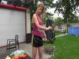 Watch Pia having fun outdoors with her shiny nylon Shorts 5